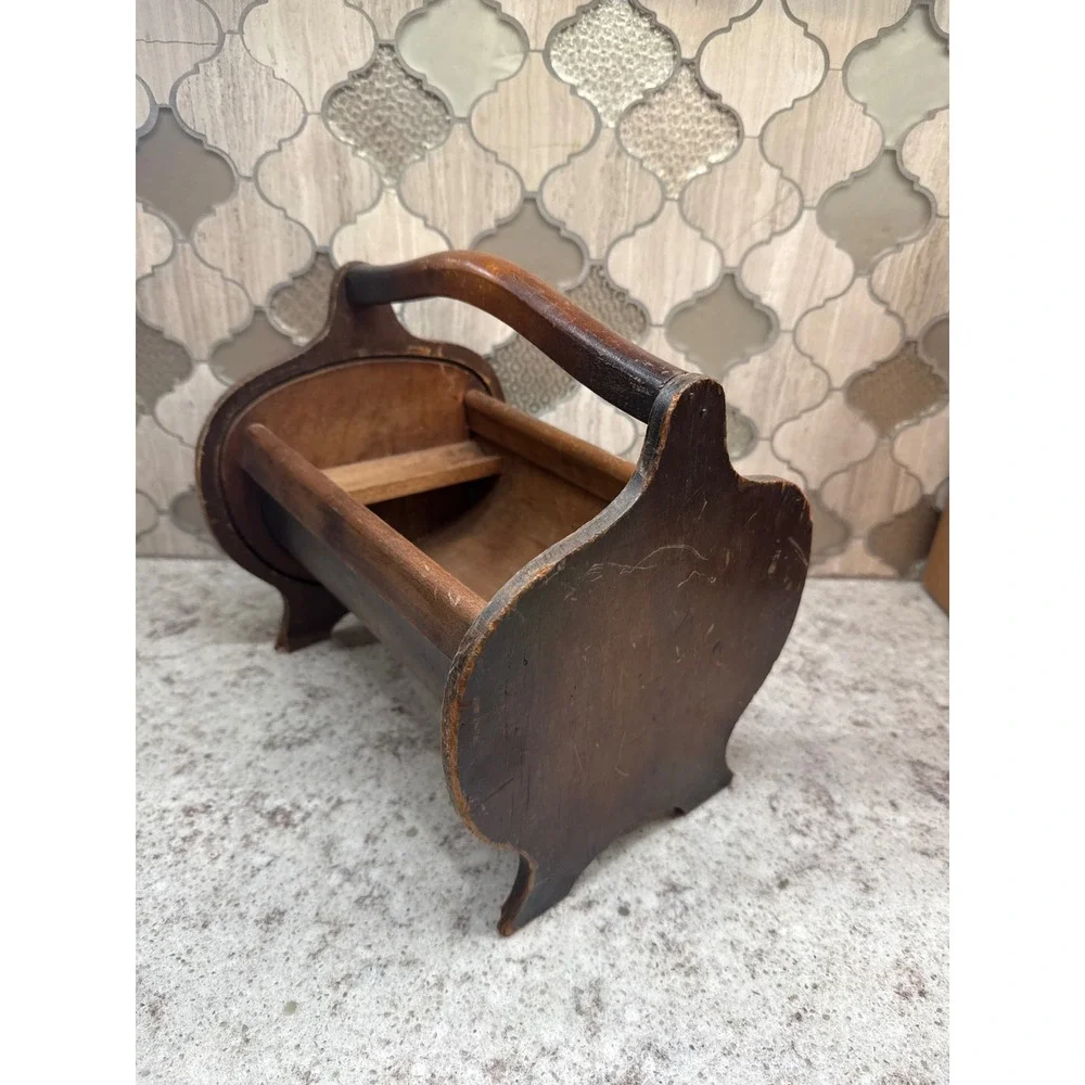 Vintage Wooden Sewing Caddy Rustic Primitive Tool Carrier Handle Farmhouse Brown